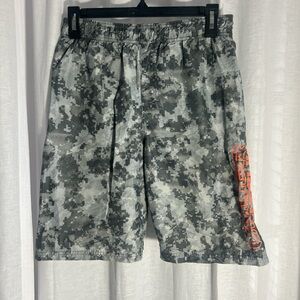 Under Armour Boys Gray Digital Camo Swim Trunks with Orange Logo